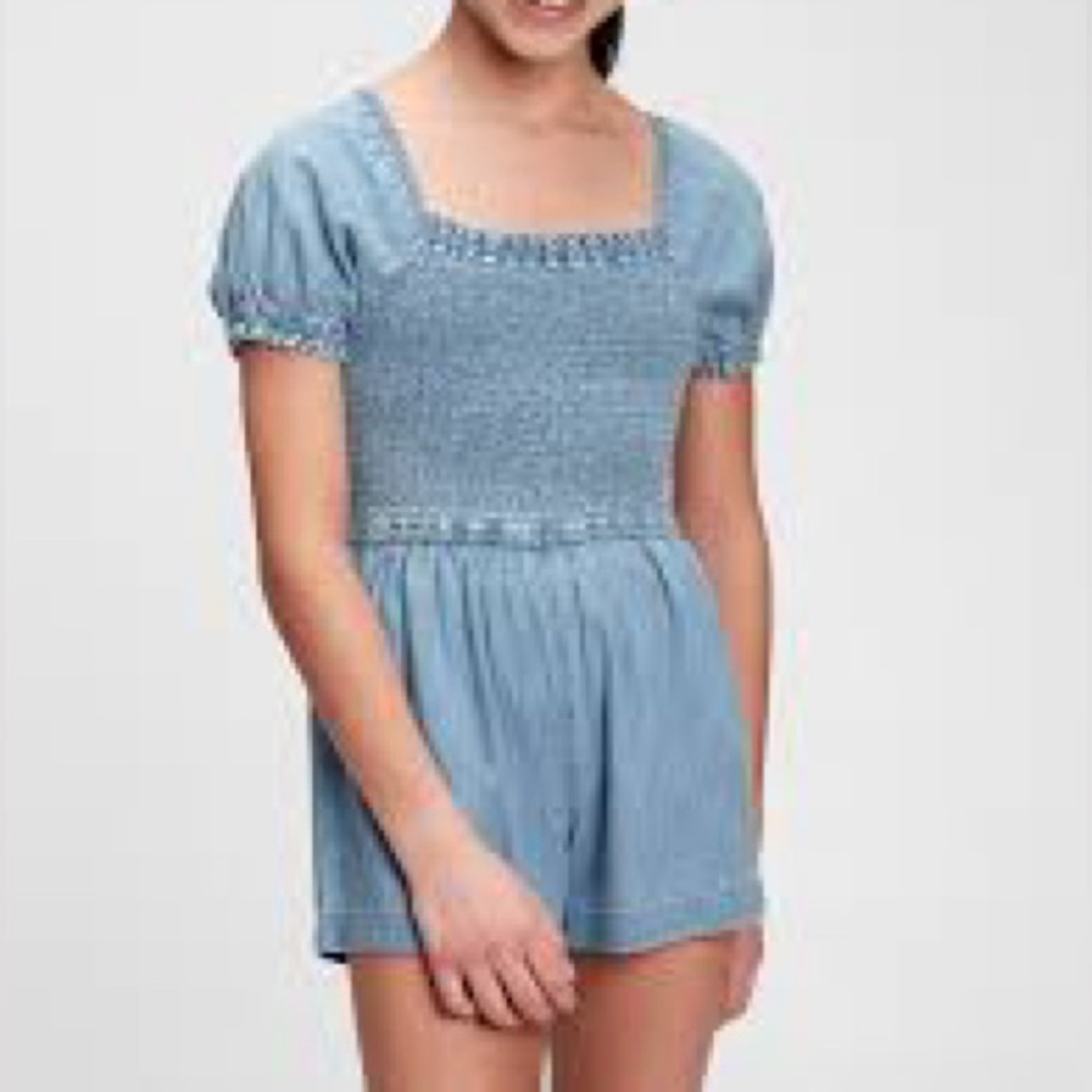 GAP Kids Girls Smocked Chambray Romper Puff Sleeve Blue Size L 10